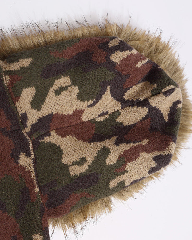 camouflage hooded knit cardigan with fur collar