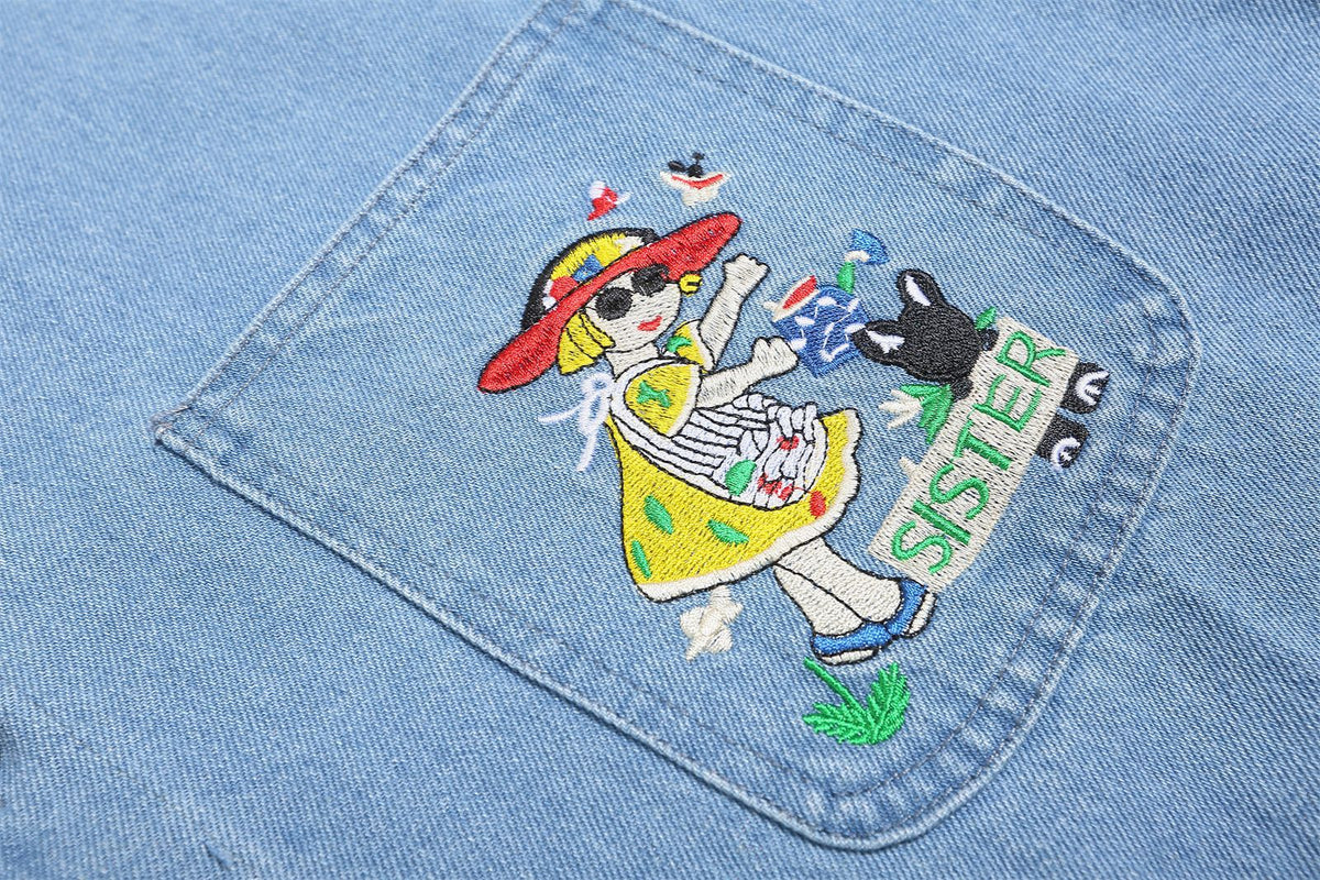 Contrast color fun embroidered denim shirt