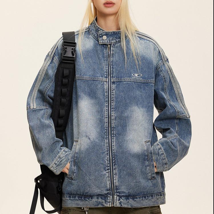 Retro stand collar work denim jacket