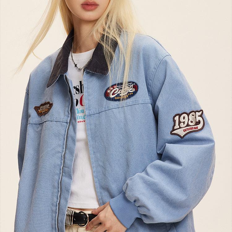 Washed color block lapel denim jacket