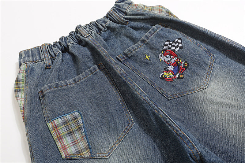 Retro cartoon embroidered washed denim trousers