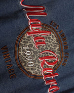 Color-blocked leopard print denim sweatshirt