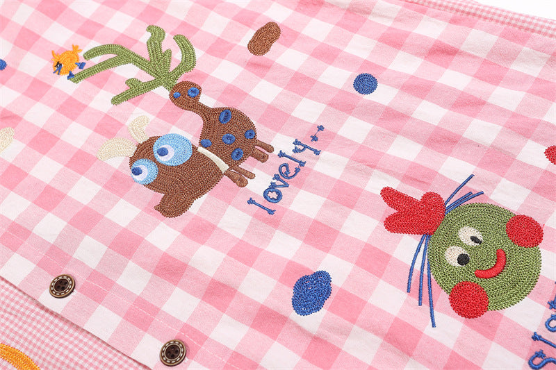 Fun cartoon embroidery patchwork plaid shirt