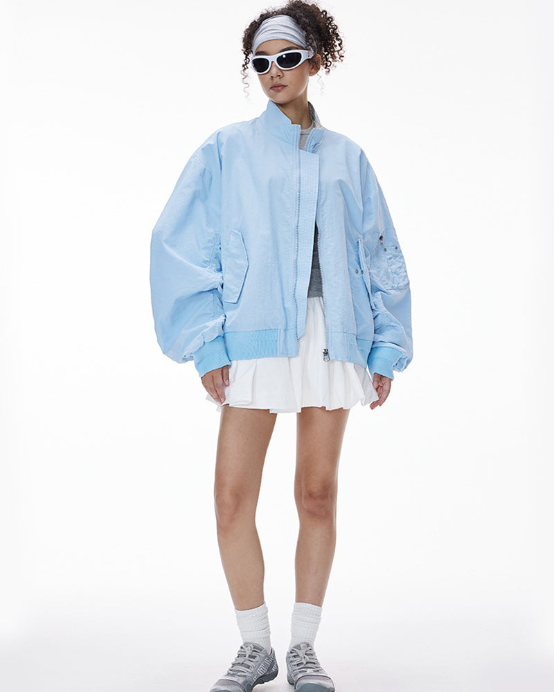 Casual stand-up collar plaid color-blocked baseball jacket