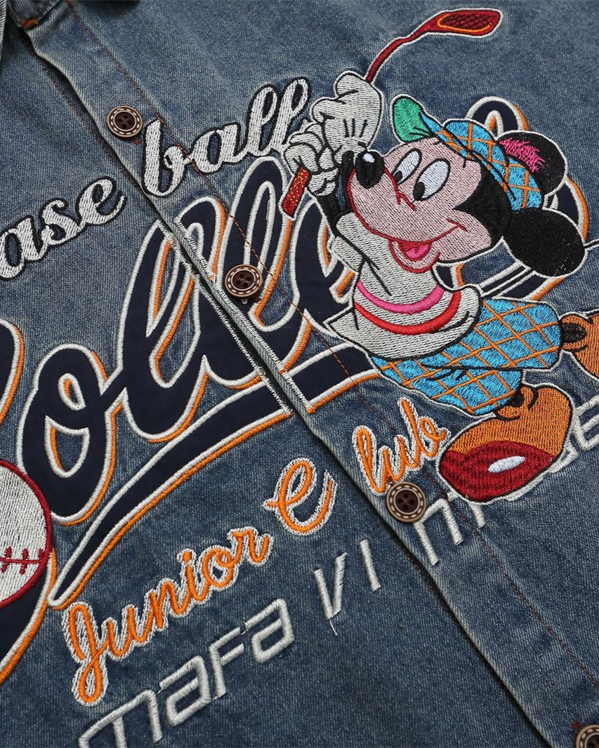 Cartoon Denim Embroidery Short Sleeve Shirt