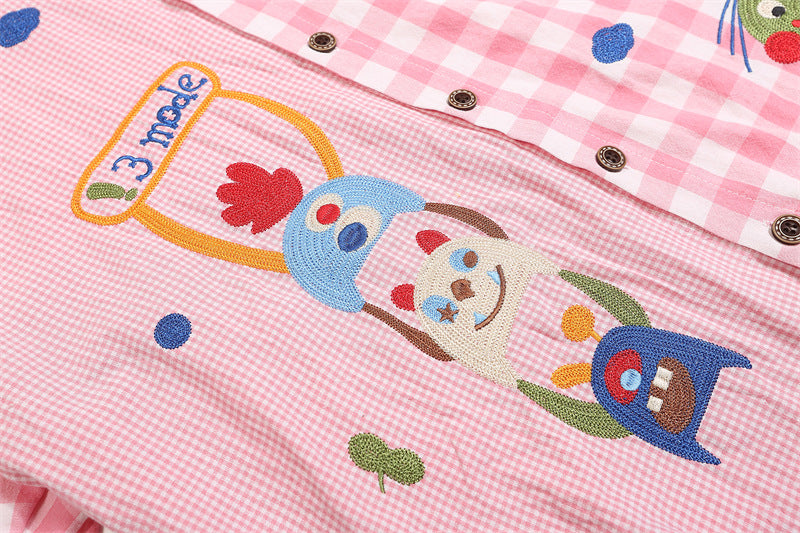 Fun cartoon embroidery patchwork plaid shirt