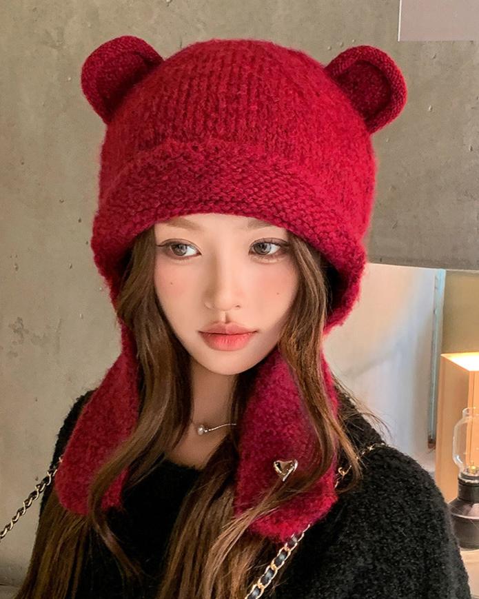 Solid color cute warm ear protection hat