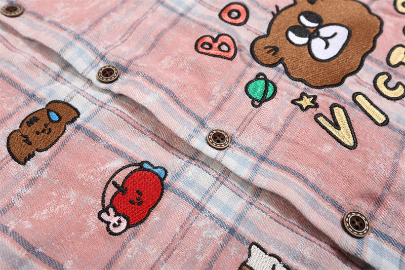 Retro fun cartoon embroidered plaid shirt