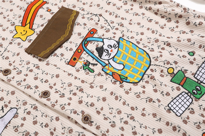 Retro contrasting cartoon embroidered shirt