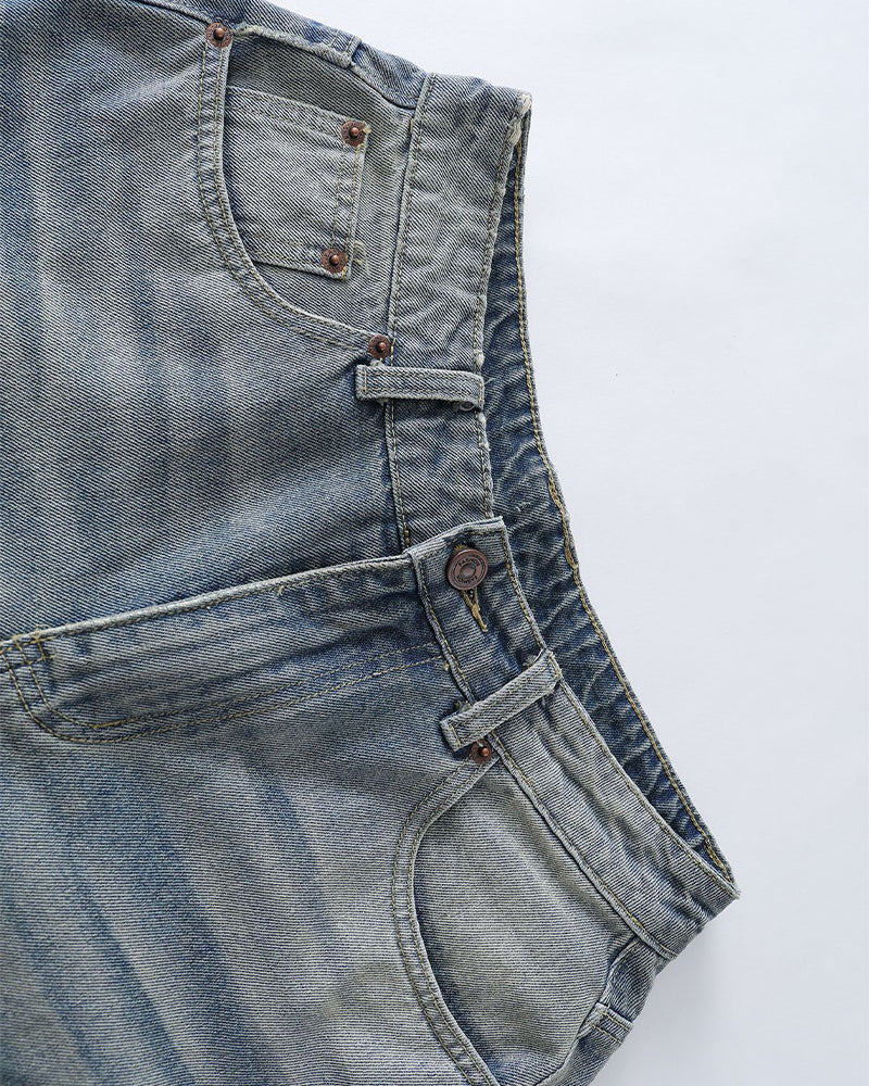 Washed panel denim shorts