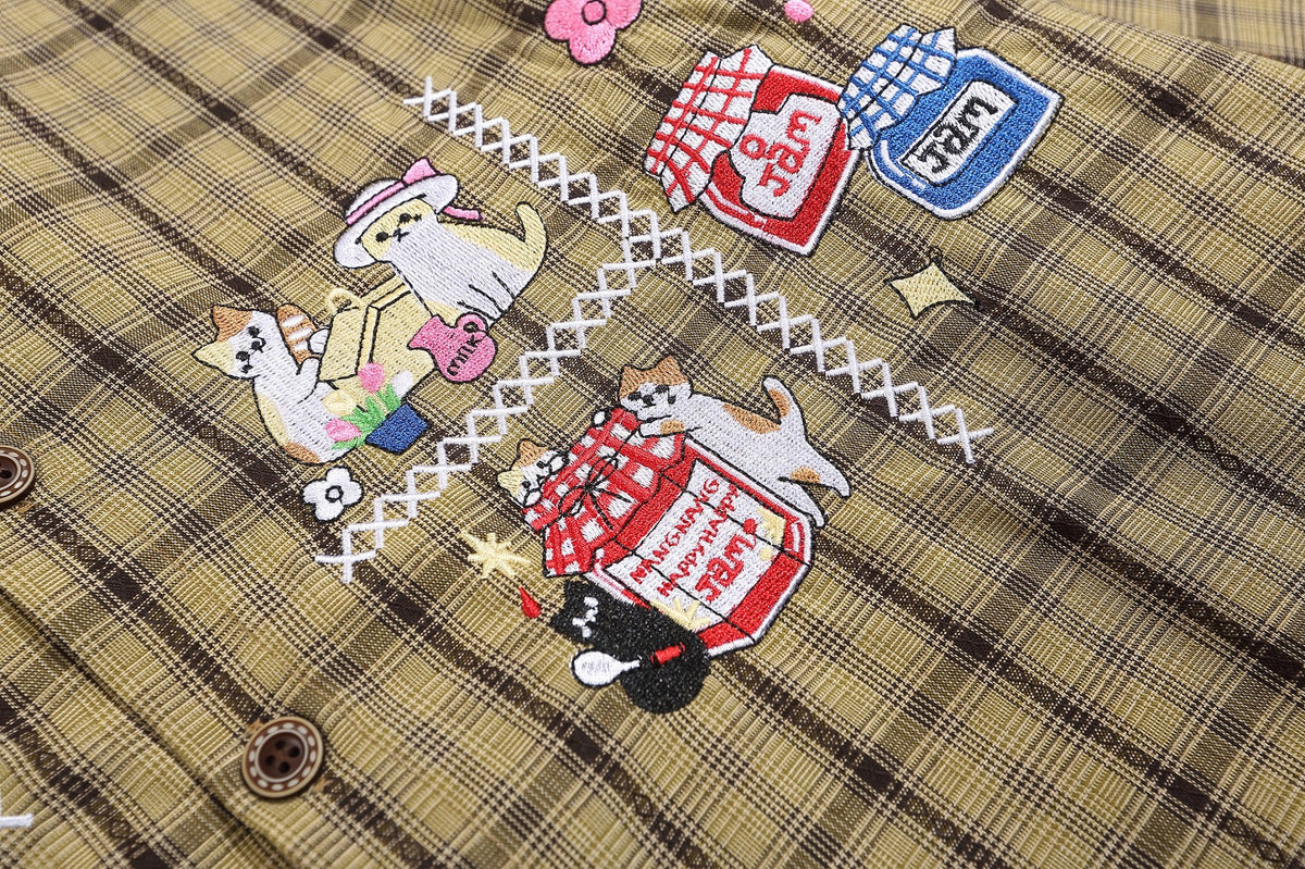 retro cartoon embroidered plaid shirt