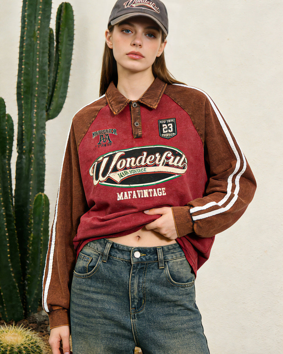Retro distressed contrast color stitching long sleeves