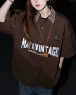 Embroidered contrast plaid short-sleeved shirt