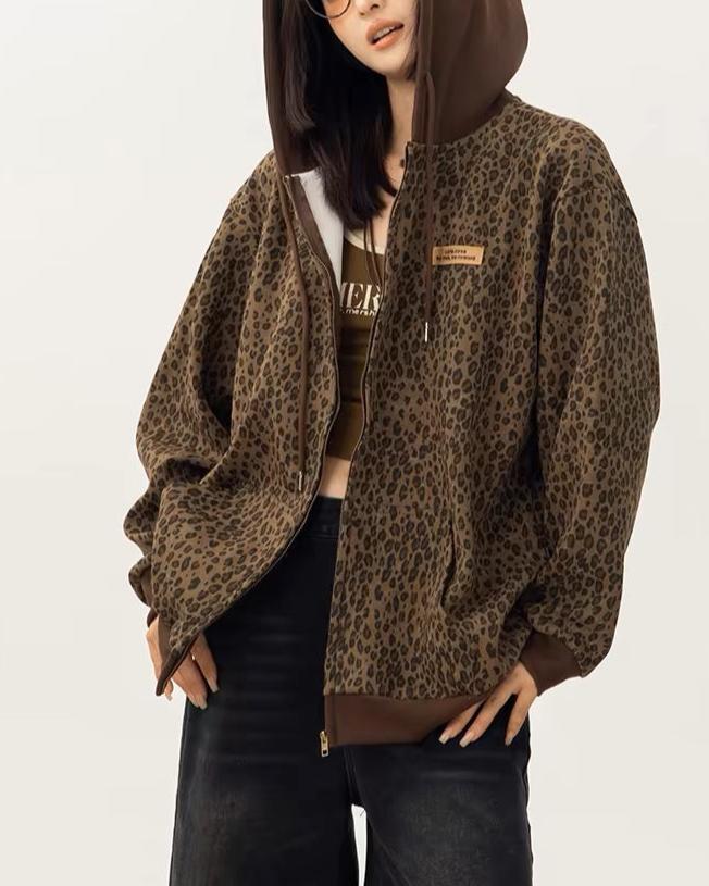 Retro Leopard Hooded Zip Jacket