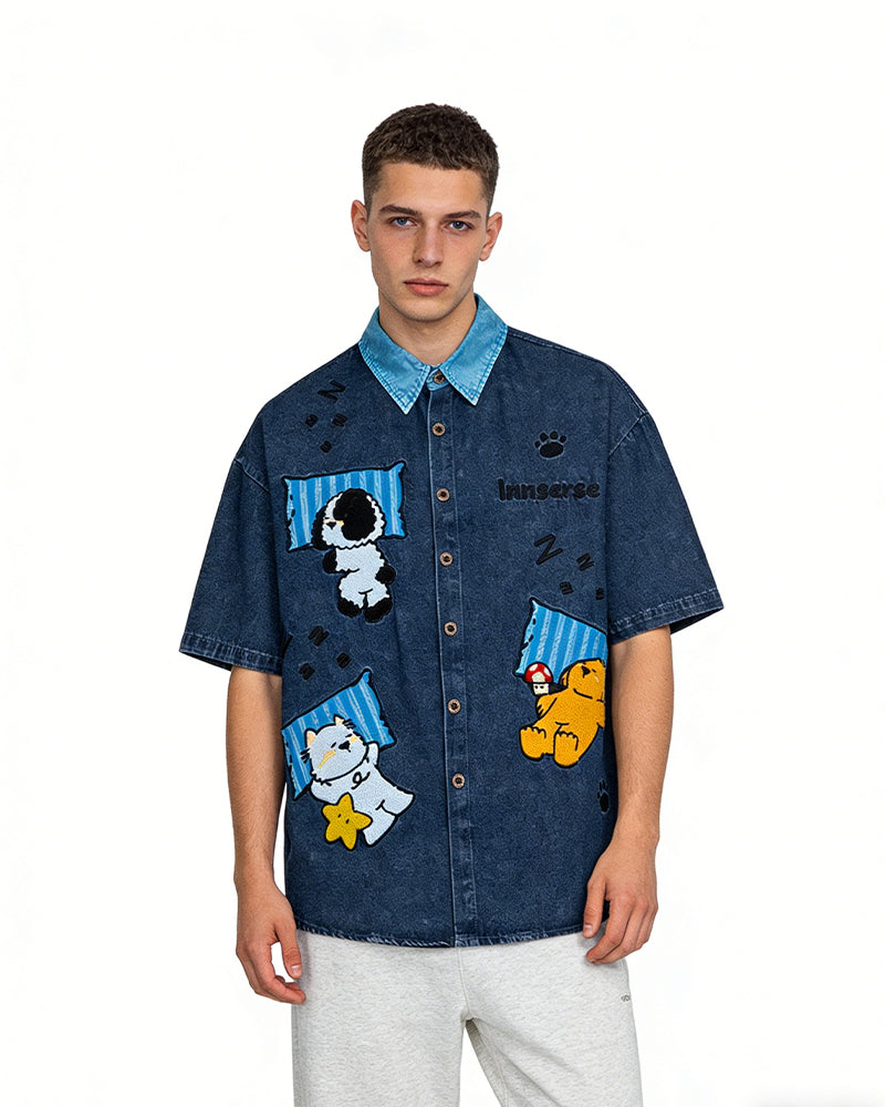 卡通刺綉短袖襯衫