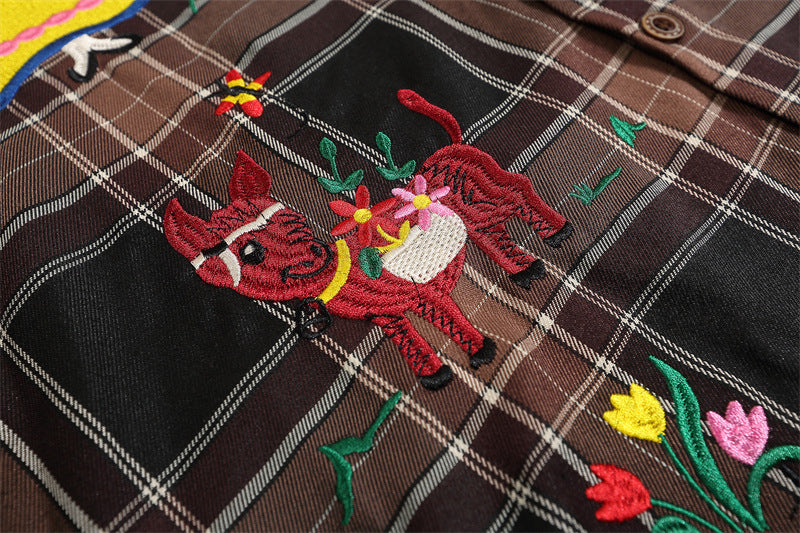 Fun cartoon embroidered plaid shirt