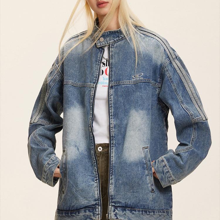 Retro stand collar work denim jacket