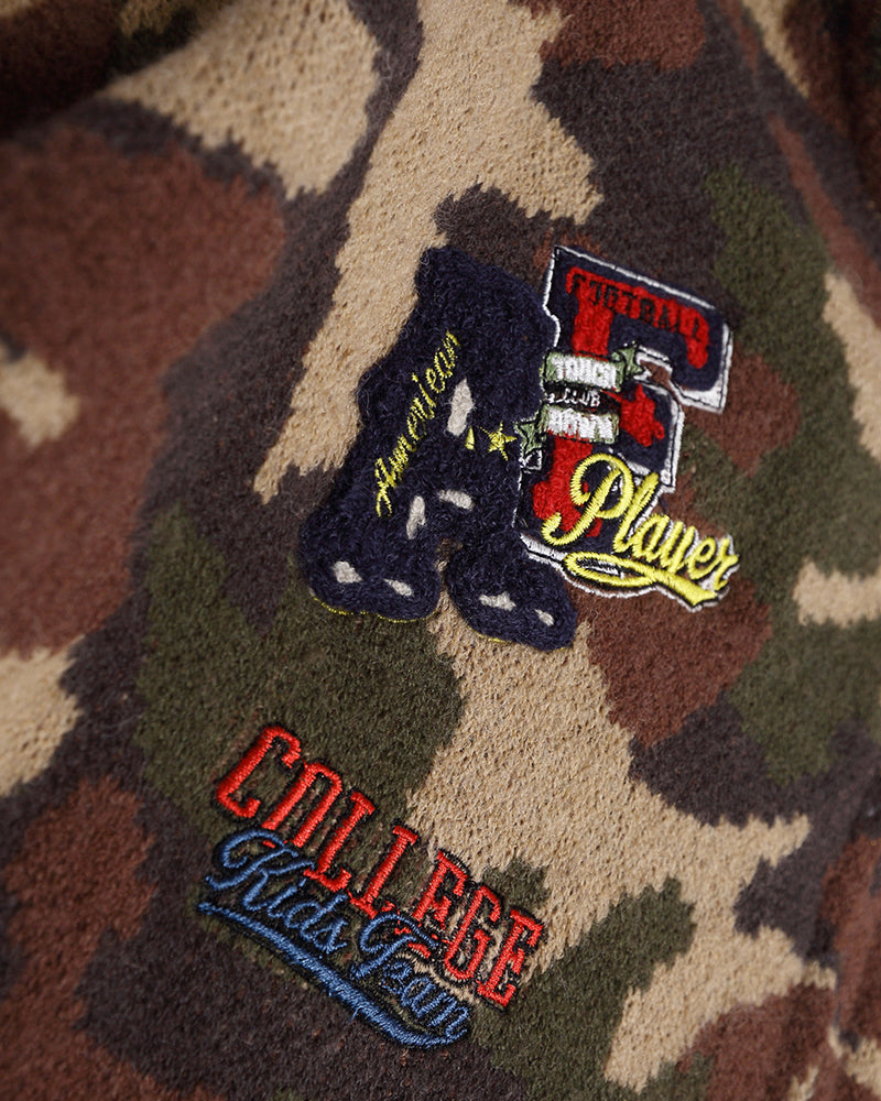 camouflage hooded knit cardigan with fur collar