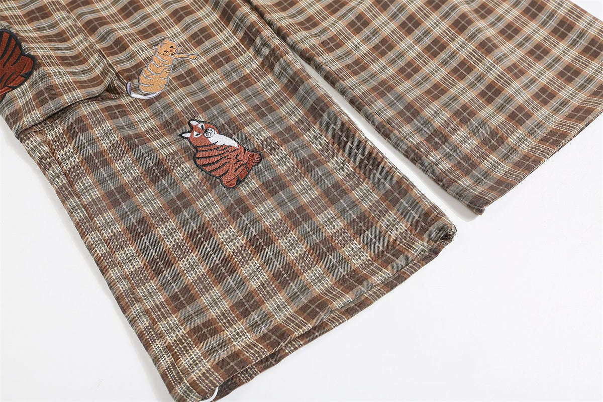 Retro cartoon plaid casual pants