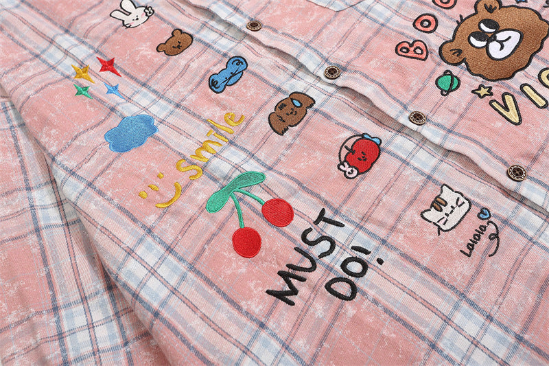 Retro fun cartoon embroidered plaid shirt