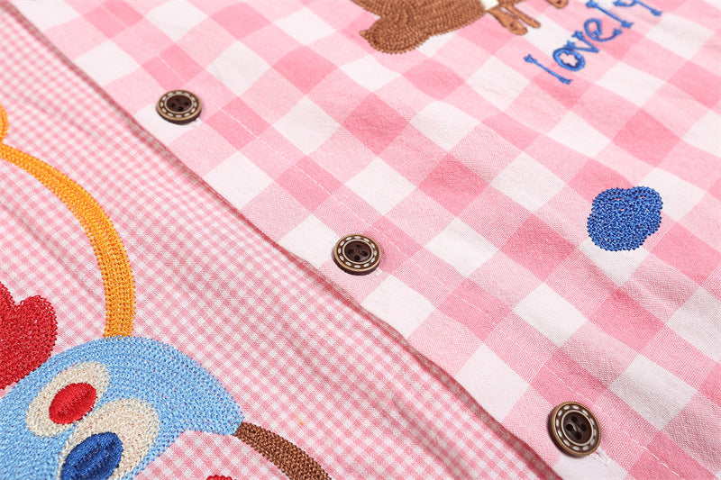 Fun cartoon embroidery patchwork plaid shirt