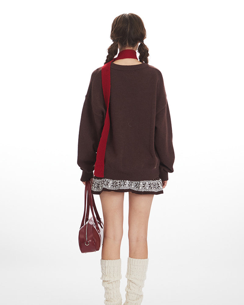 Bear-patterned loose-fitting knit sweater