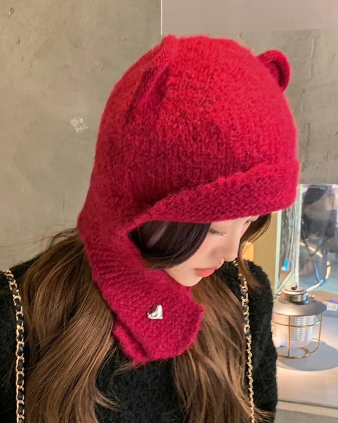 Solid color cute warm ear protection hat