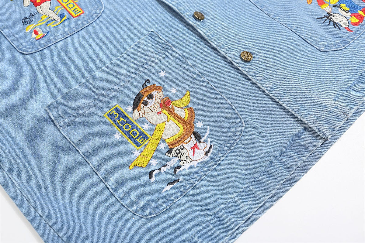 Contrast color fun embroidered denim shirt