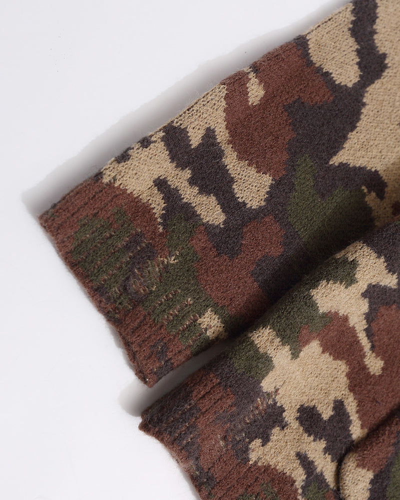 camouflage hooded knit cardigan with fur collar