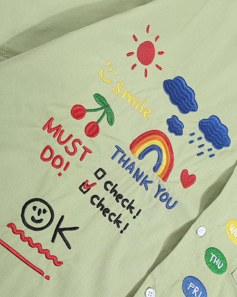 レトロ風カートゥーン刺繍シャツ