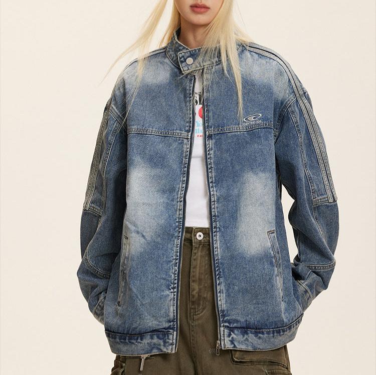 Retro stand collar work denim jacket