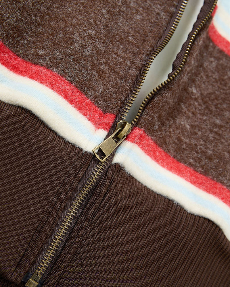 Fur-trimmed hooded color-blocked coat