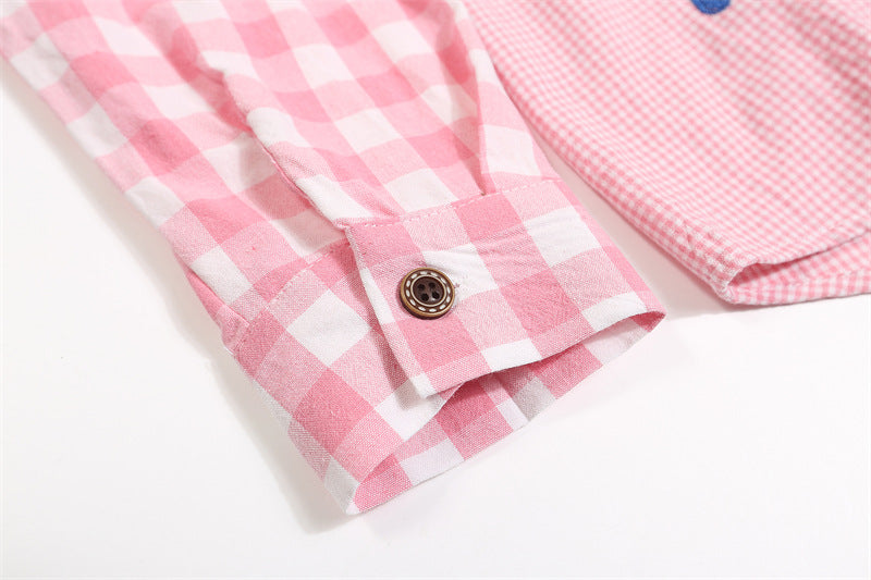 Fun cartoon embroidery patchwork plaid shirt