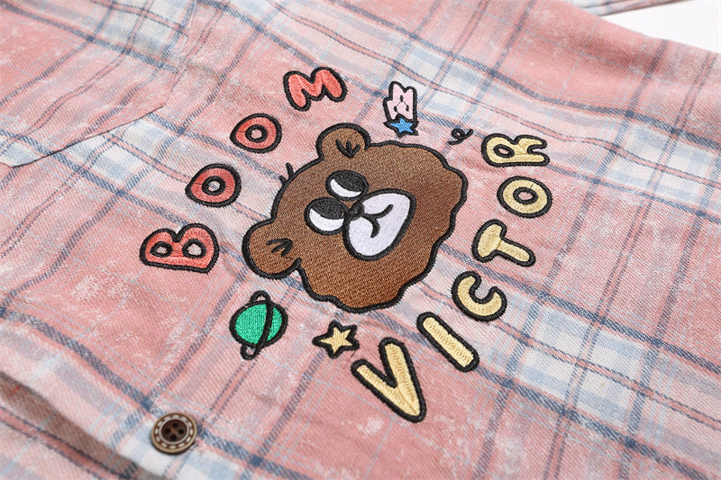 Retro fun cartoon embroidered plaid shirt