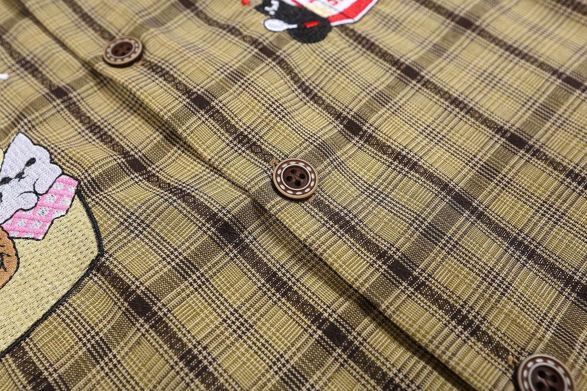 retro cartoon embroidered plaid shirt