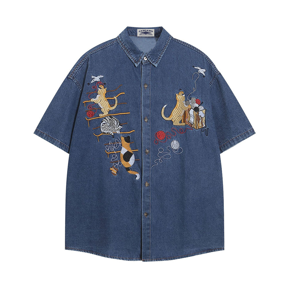 cat embroidered denim shirt