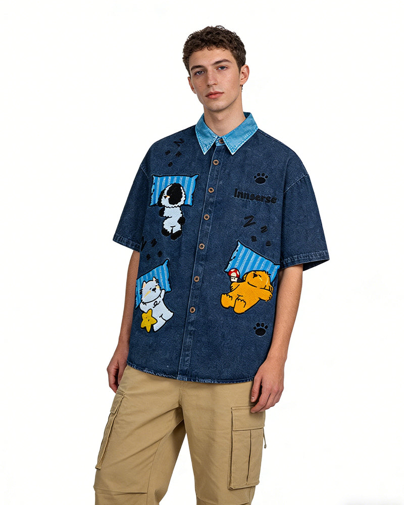 卡通刺綉短袖襯衫