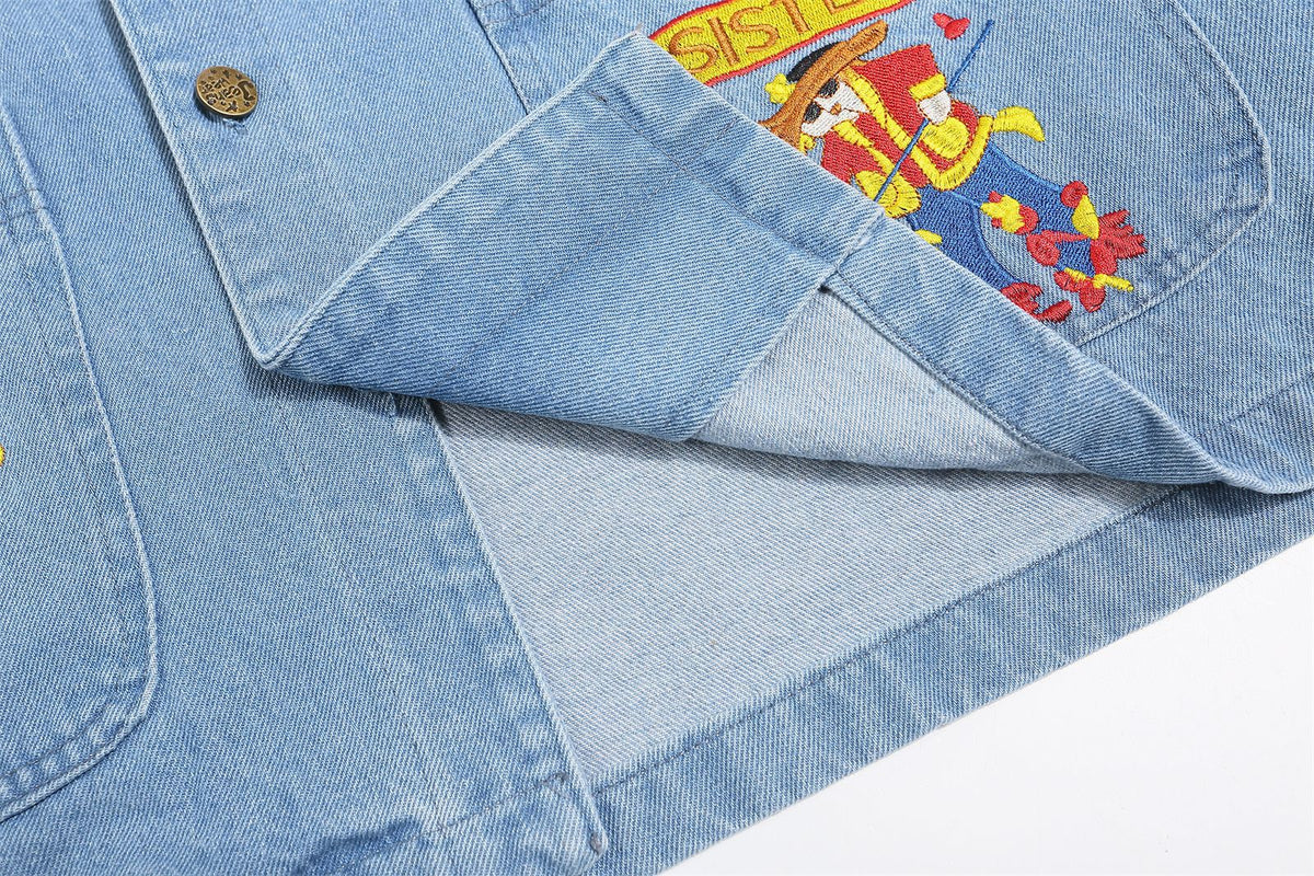 Contrast color fun embroidered denim shirt