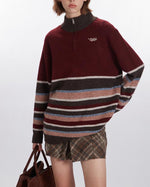 復古撞色條紋圓領針織衫