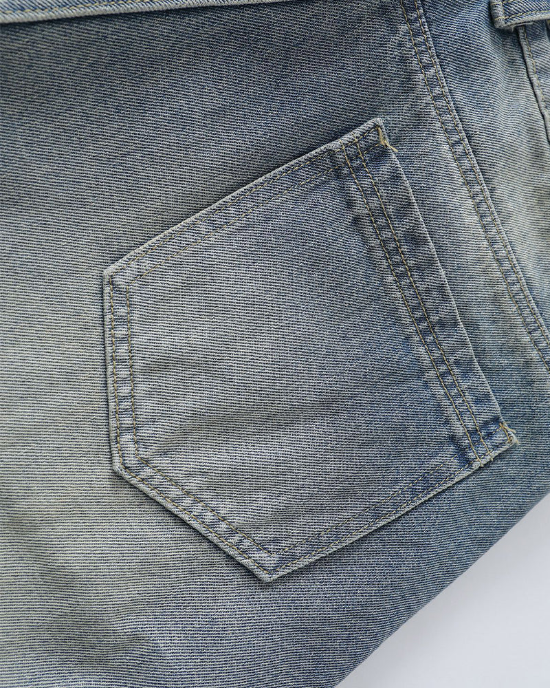 Washed panel denim shorts