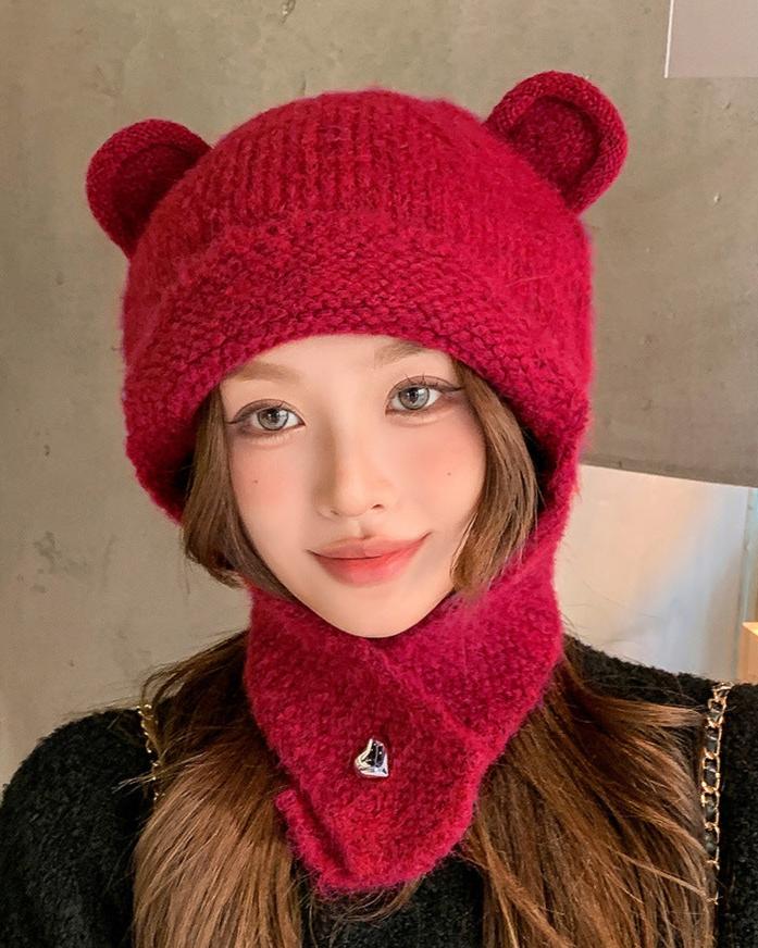 Solid color cute warm ear protection hat