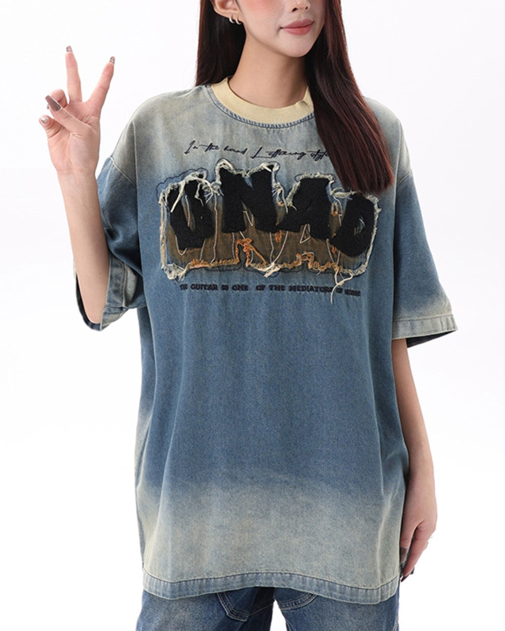 Distressed washed denim short sleeves