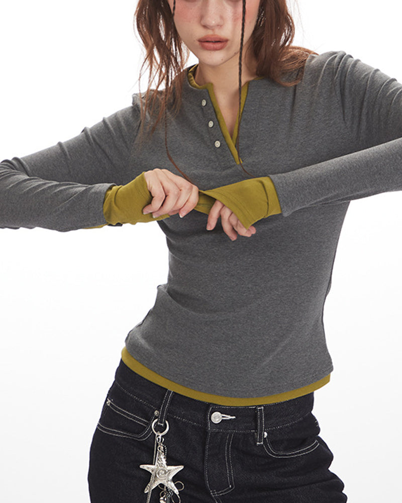 Faux two-piece slim-fit long-sleeved top (women's)