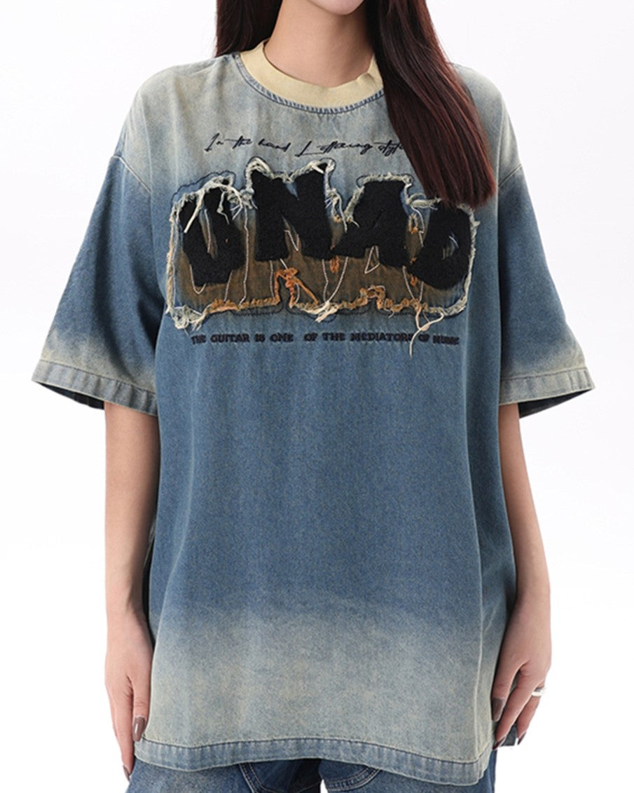 Distressed washed denim short sleeves