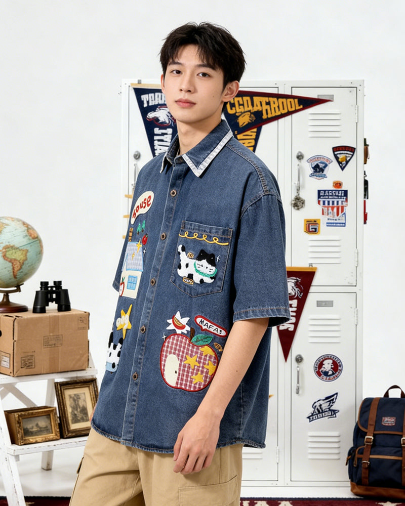 復古卡通短袖襯衫