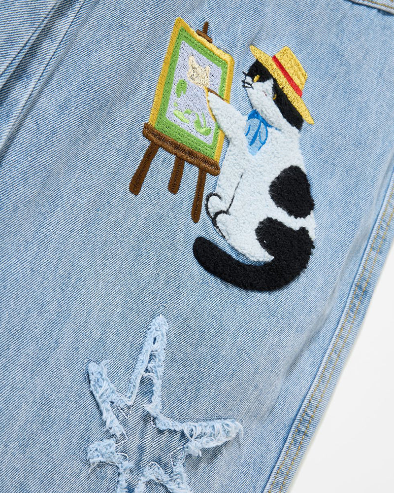 復古趣味刺綉牛仔褲