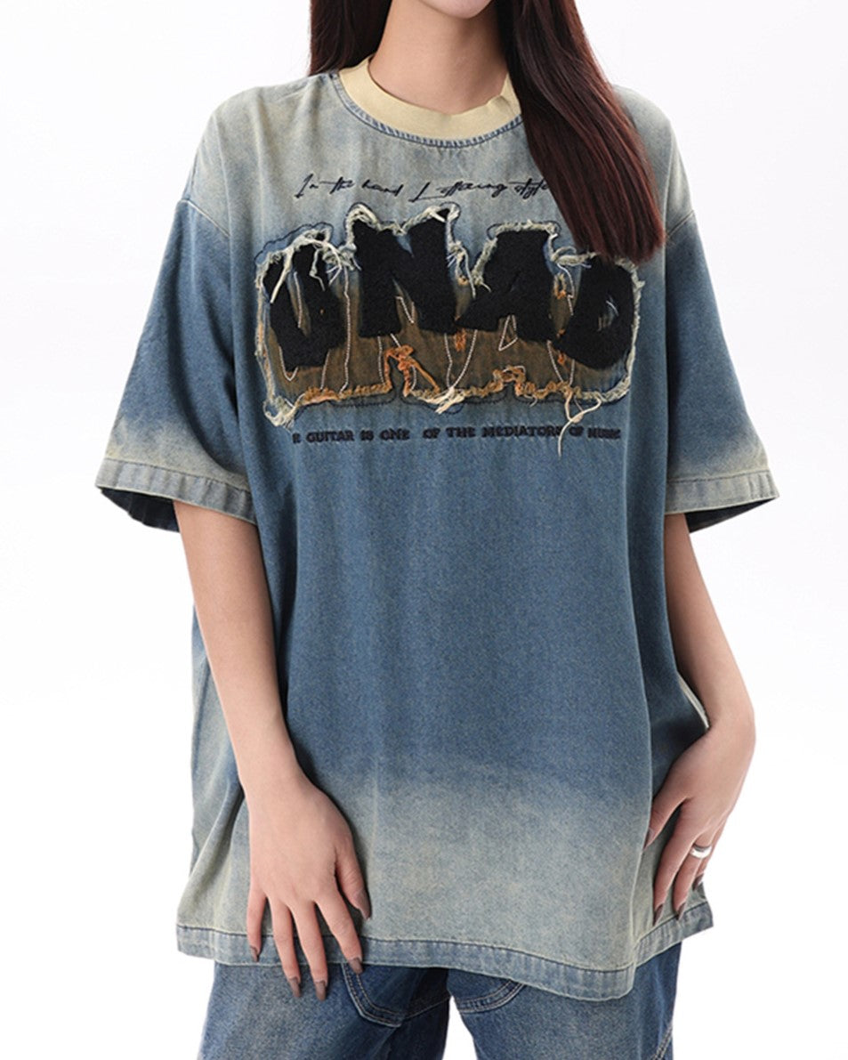 Distressed washed denim short sleeves