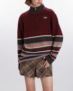 復古撞色條紋圓領針織衫