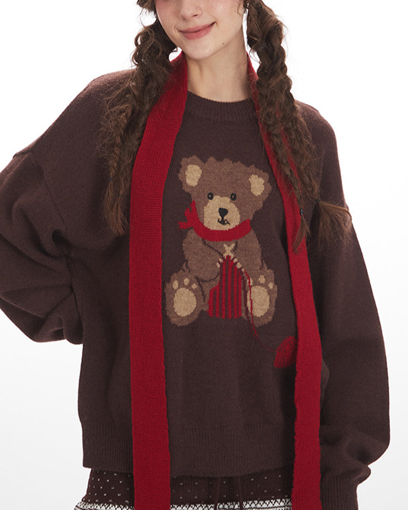 Bear-patterned loose-fitting knit sweater