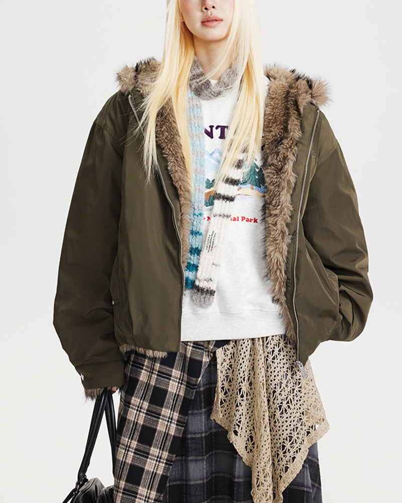 Hooded cotton-padded jacket with fur collar